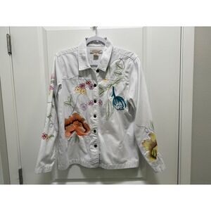 CLOTHES Womens White Denim Jacket Floral Embroidered Button Up Cotton Size M